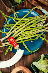 Fresh asparagus on wooden background
