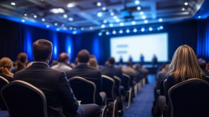 Professional conference room filled with audience in formal attire, listening attentively to a presentation on stage with blue lighting.