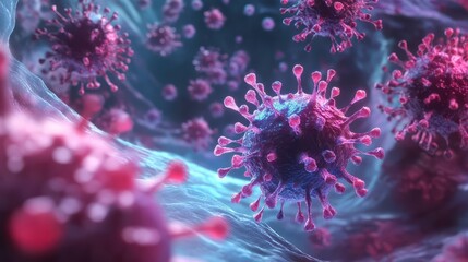 Microscopic View of a Coronavirus: A close-up of a virus particle, captured in a dramatic and evocative 3D rendering. The image showcases the intricate details of the virus.