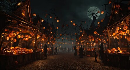 A creepy Halloween-themed marketplace with eerie stalls, glowing jack-o'-lanterns, and a dark, mysterious atmosphere.