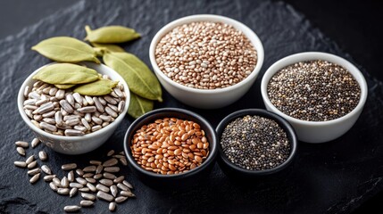 Naklejka premium Assorted healthy seeds and grains displayed in small bowls isolated on a black stone background for culinary marketing photography.