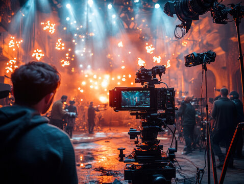 A glimpse of a video production set, with crew members working on camera angles, lighting rigs, and sound equipment in a dynamic environment