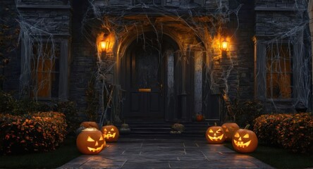 A spooky Halloween-themed manor entrance with glowing jack-o'-lanterns, cobwebs, and a dark, misty background.