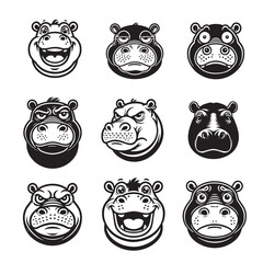 Hippopotamus face Clipart design Bundle, Hippopotamus vector illustration in black and white
