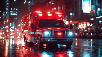 A high-speed ambulance rushing through a city at night, lights flashing and sirens blaring, focused on delivering urgent medical aid to an emergency situation.