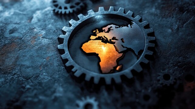 Illuminated Africa in gear symbolizing industrial progress