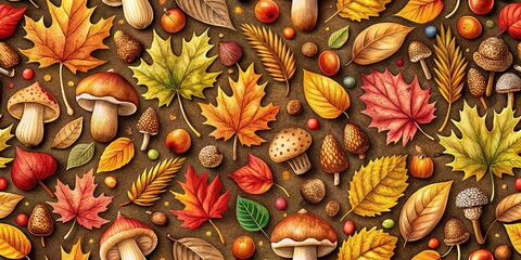 Fototapeta premium Autumn Floral Seamless Pattern Design with Mushrooms, Oak Leaves, Maple Leaves, Acorns, and Twigs in Hand-Drawn Doodle Style for Fall Decor and Seasonal Graphics