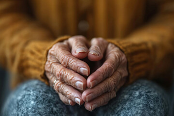 Fototapeta premium A poignant close-up of clasped elderly hands, trembling slightly, as the patient waits anxiously for medical results