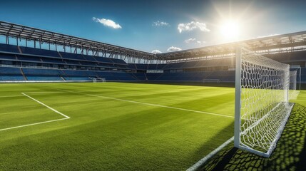 Fototapeta premium empty soccer stadium sunny day. no people and ready to game High quality .