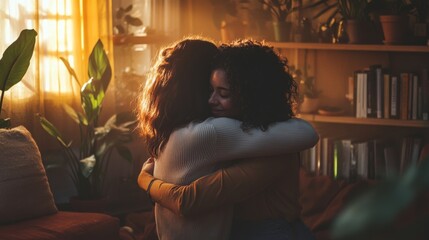 Two friends share a warm hug in a cozy, sunlit room filled with plants. Their joy radiates in this heartwarming moment of connection.