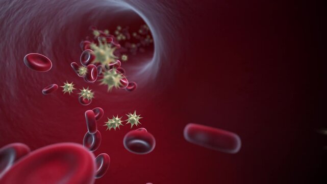 Red blood cells and platelets flowing through vein and artery in 3D animation