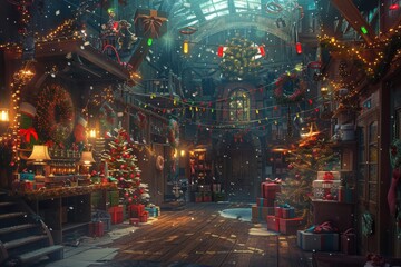 Obraz premium Whimsical Christmas gift factory with conveyor belts, bright presents, festive decor