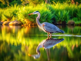 Fototapeta premium In the calm waters of Chesapeake Bay, a Great Blue Heron hunts for fish, showcasing the peaceful connection between wildlife and the serene environment.