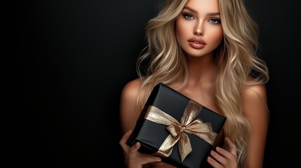 Beautiful woman holding a luxury gift wrapped in black paper with a gold ribbon