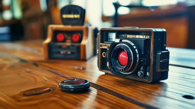 old camera on a wooden table