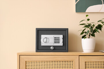 Modern safe and houseplant on wooden cabinet near beige wall