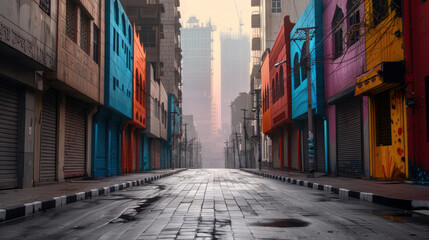 Fototapeta premium quiet city street features vibrant, colorful buildings with closed shutters, creating serene atmosphere. misty background hints at bustling urban environment. 