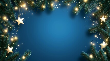 Christmas pine branches with lights and stars on a blue background
