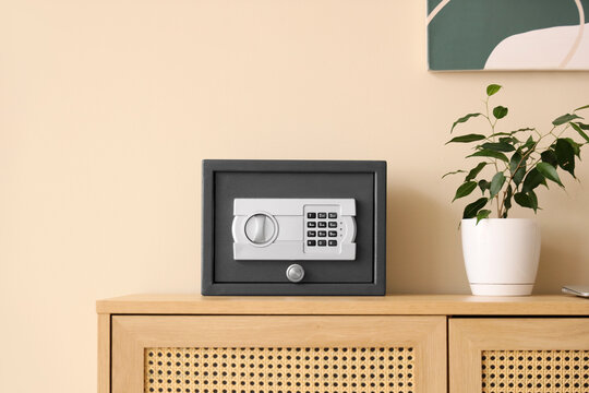 Modern safe and houseplant on wooden cabinet near beige wall