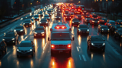 An ambulance with sirens blaring, cutting through rush-hour traffic on a busy highway, heading towards a life-threatening emergency