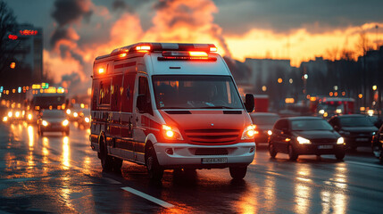 An ambulance with sirens blaring, cutting through rush-hour traffic on a busy highway, heading towards a life-threatening emergency