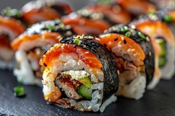 Unagi Tempura Sushi Rolls, Japanese Susi with Green Onions, Flying Fish Red Caviar, Spicy Sauce