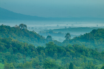 Misty landscape with mountains in Thailand 