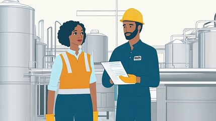 A man and a woman are standing in a factory