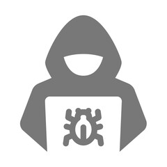 Hacker with bug and laptop vector icon. Cyber computer crime and attack.