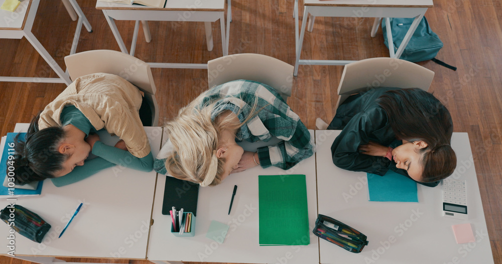 Aufkleber tired, sleeping and group of students on desk in classroom at school with fatigue in lesson for lear