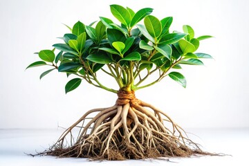 Isolated young banyan plant with exposed roots showcases intriguing textures, beautifully contrasted against a clean white background, captured in delicate low-light conditions.