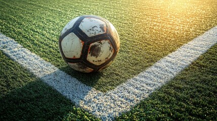 Old shabby training soccer ball lies on the artificial green grass of football pitch near corner of white lines in sunlight. Smooth stabilized camera approach to sports equipment.