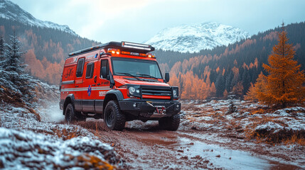 An off-road ambulance tackling rough terrain in a mountainous area, heading towards a remote accident site