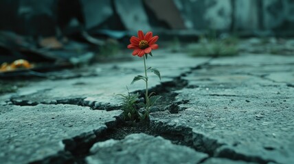 Single red flower emerging through cracked pavement