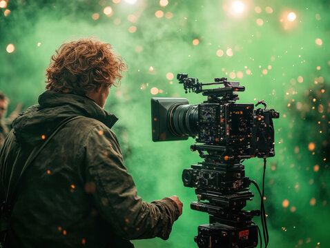 Behind the scenes of a green screen video production, with the camera crew capturing close-ups while the director oversees the digital effects