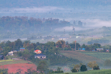 view from the air and misty in countryside thailand