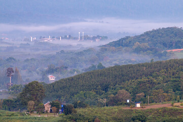 view from the air and misty in countryside thailand