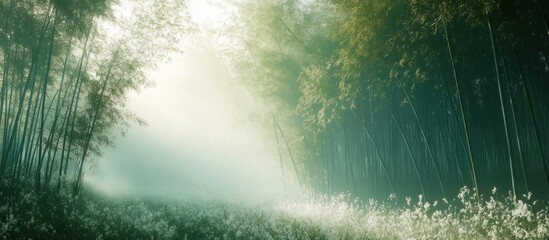 A misty bamboo forest in the early morning light with a soft, ethereal glow, creating a tranquil and serene atmosphere.