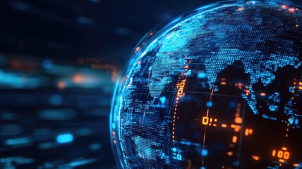 Fototapeta premium Digital, futuristic representation of Earth with blue glowing data points