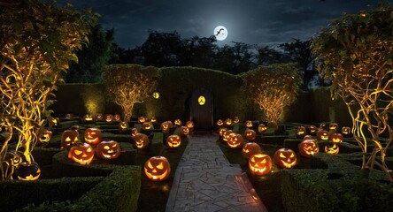 A spooky Halloween-themed garden maze with glowing jack-o'-lanterns, twisted hedges, and a full moon overhead.