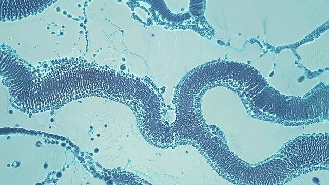 Organic flowing wave-like structures in blue tones resembling microscopic view of cells. VIDEO