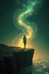 Fototapeta premium Woman standing on a cliff looking at swirling galaxy in the sky