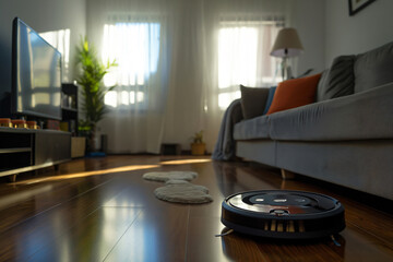 Robotic vacuum cleaner is diligently cleaning a hardwood floor in a modern living room, ensuring a spotless and dust free environment
