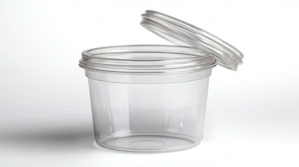 Small clear plastic jar with lid for condiments and sauces in restaurants, cafes and eateries. Isolated on white background.