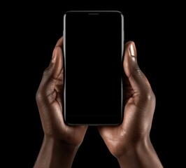 Hands holding black smartphone in heart shape, with blank screen and black background.
