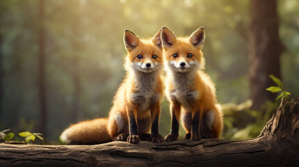 Fototapeta premium Idyllic scene of adorable fox cubs in the forest, cute fox family in the spring