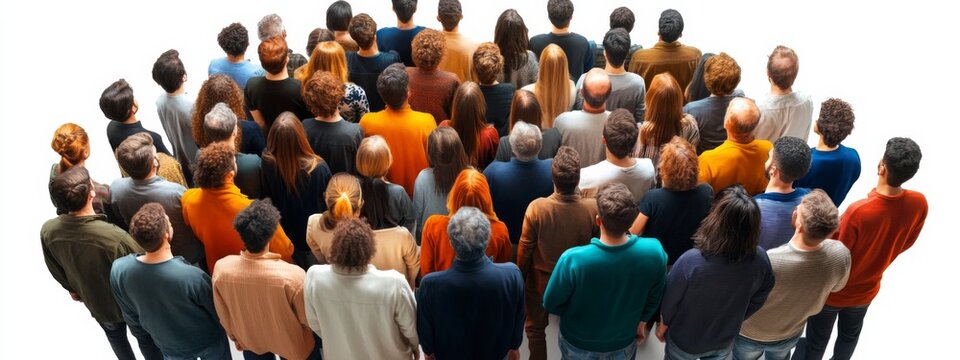 Diverse Group of People Standing in Circle, United in Togetherness - High Angle View on White Background