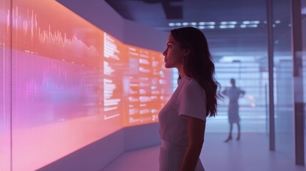 A woman explores data visualization in a modern digital environment, glowing screens showcase vibrant information and analytics.