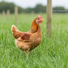 Brown chicken standing in green grass, scenic rural backdrop.
