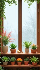 A window sill with a variety of potted plants, including a few yellow flowers. The plants are arranged in a row, with some taller and some shorter. The scene has a cozy and inviting atmosphere